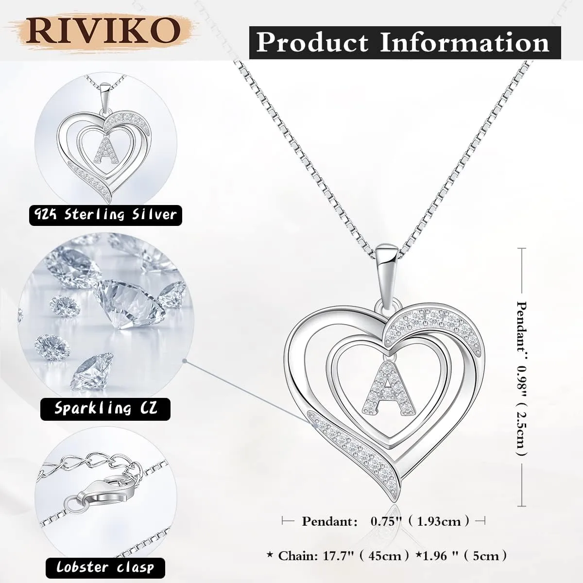 RIVIKO Heart Initial Necklace for Women, 925 Sterling Silver Letter Pendant,Personalized Charm Alphabet Jewelry Valentines Mother's Day Anniversary Christmas Birthday Gifts for Women Her Mom Wife