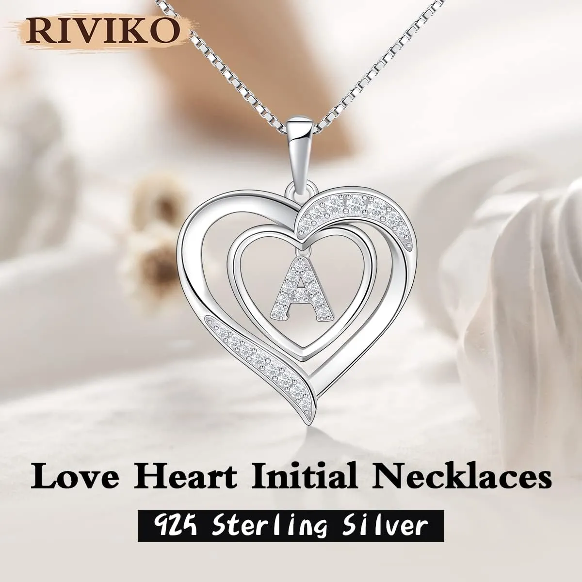 RIVIKO Heart Initial Necklace for Women, 925 Sterling Silver Letter Pendant,Personalized Charm Alphabet Jewelry Valentines Mother's Day Anniversary Christmas Birthday Gifts for Women Her Mom Wife