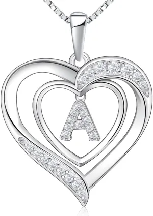 RIVIKO Heart Initial Necklace for Women, 925 Sterling Silver Letter Pendant,Personalized Charm Alphabet Jewelry Valentines Mother's Day Anniversary Christmas Birthday Gifts for Women Her Mom Wife