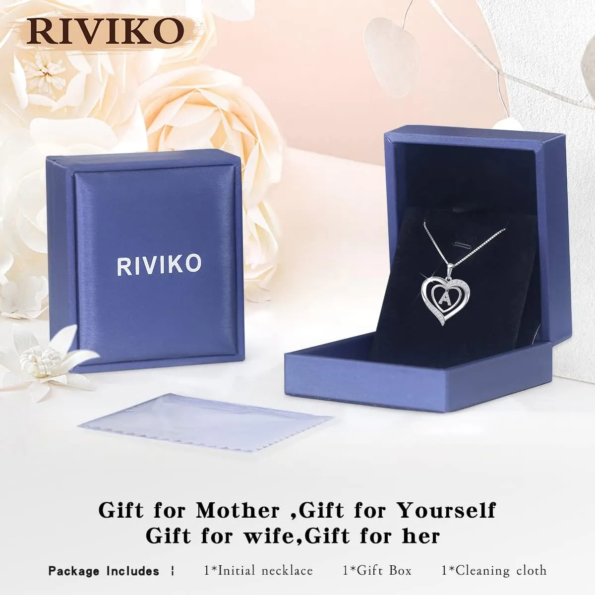 RIVIKO Heart Initial Necklace for Women, 925 Sterling Silver Letter Pendant,Personalized Charm Alphabet Jewelry Valentines Mother's Day Anniversary Christmas Birthday Gifts for Women Her Mom Wife