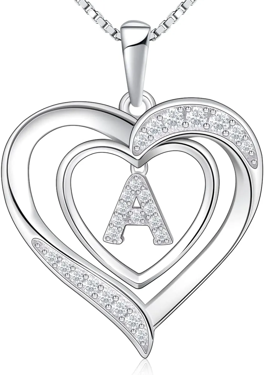 RIVIKO Heart Initial Necklace for Women, 925 Sterling Silver Letter Pendant,Personalized Charm Alphabet Jewelry Valentines Mother's Day Anniversary Christmas Birthday Gifts for Women Her Mom Wife