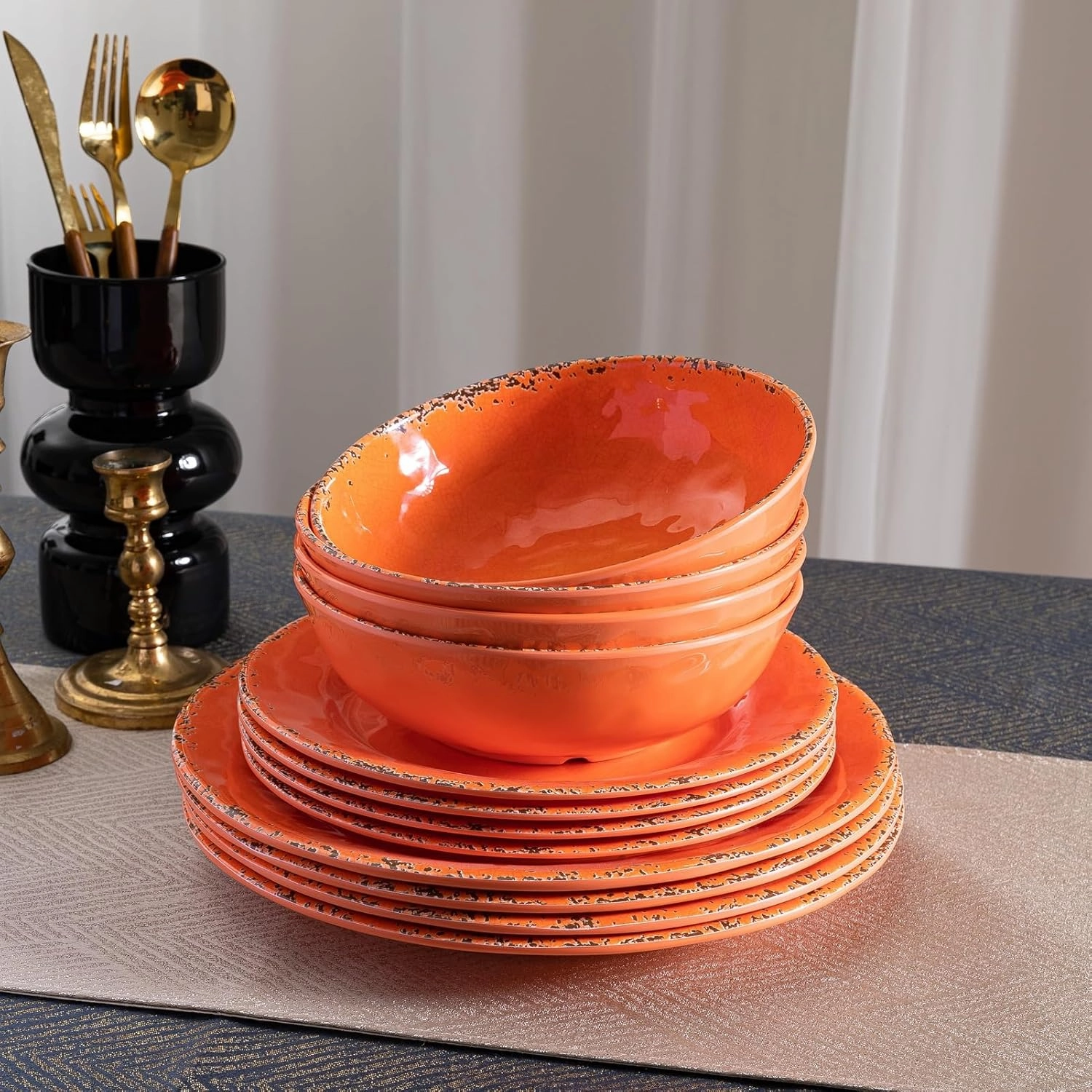 Rustic Melamine Dinnerware Sets, Farmhouse Dishes Set for 4, Lightweight 12 Piece Kitchen Plates and Bowls Set for Indoor and Outdoor Use, Dishwasher Safe, Orange