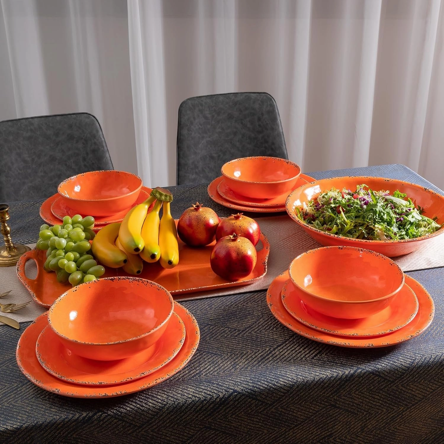 Rustic Melamine Dinnerware Sets, Farmhouse Dishes Set for 4, Lightweight 12 Piece Kitchen Plates and Bowls Set for Indoor and Outdoor Use, Dishwasher Safe, Orange