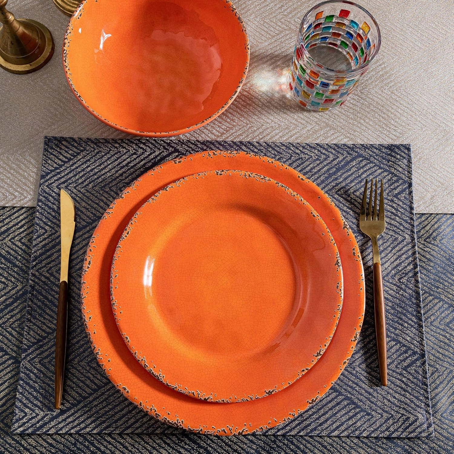 Rustic Melamine Dinnerware Sets, Farmhouse Dishes Set for 4, Lightweight 12 Piece Kitchen Plates and Bowls Set for Indoor and Outdoor Use, Dishwasher Safe, Orange