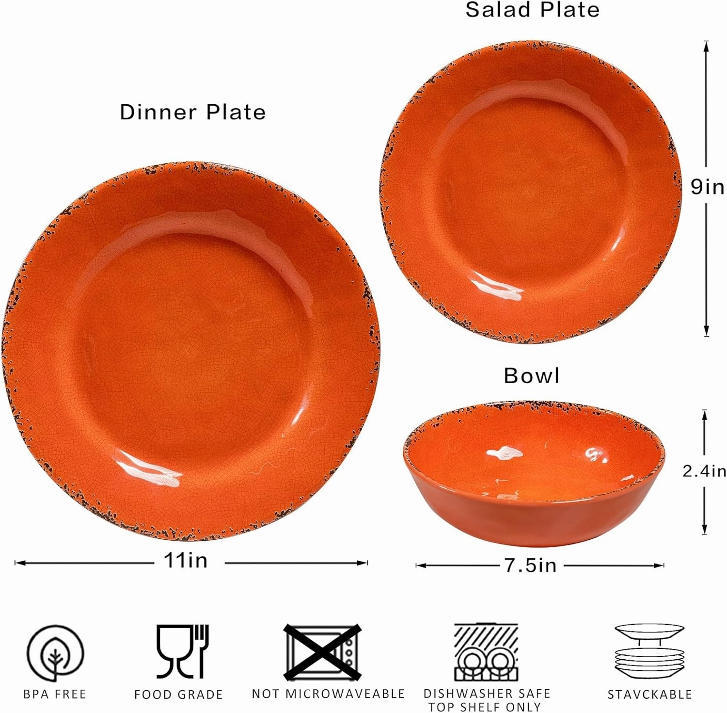 Rustic Melamine Dinnerware Sets, Farmhouse Dishes Set for 4, Lightweight 12 Piece Kitchen Plates and Bowls Set for Indoor and Outdoor Use, Dishwasher Safe, Orange