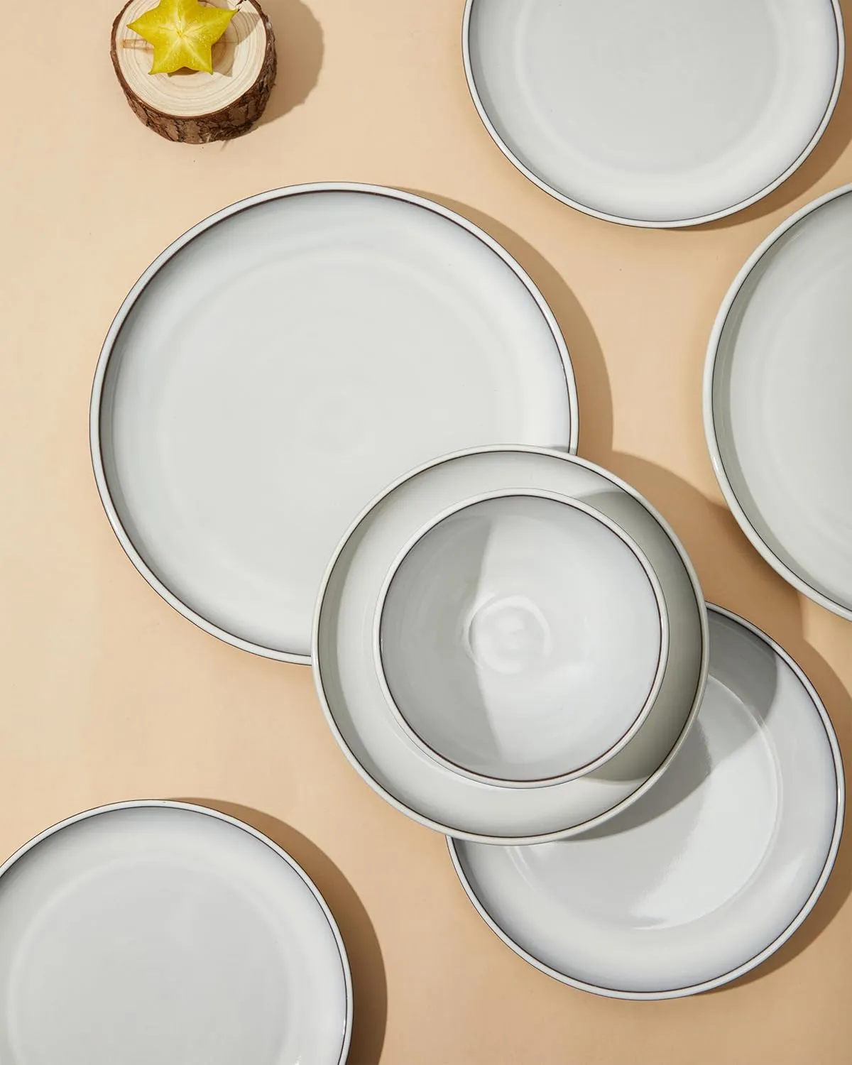 Santorini Mist Terracotta Reactive Glaze Plates and Bowls Sets, Stoneware Dinnerware Sets, Microwave and Dishwasher Safe Ceramic Dish Set Service for 4, Moonstone White