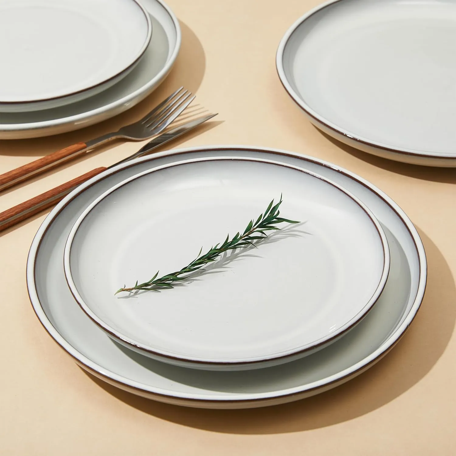 Santorini Mist Terracotta Reactive Glaze Plates and Bowls Sets, Stoneware Dinnerware Sets, Microwave and Dishwasher Safe Ceramic Dish Set Service for 4, Moonstone White