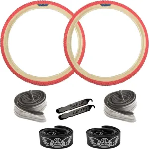 SE Bikes Cub OEM BMX Durable Wire Bead Replacement Dirt Street Bike Tire Tube Rim Strip Lever Kit Bundle (Red Tan, 20)