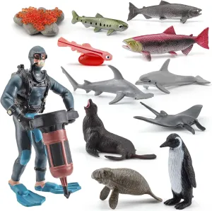Sea Ocean Marine Animal Model Toy Sets 12 PCS Diver Salmon Life Cycle Dolphin Penguin Manta Ray Figure Toys for Boys Girls Christmas Birthday Gifts