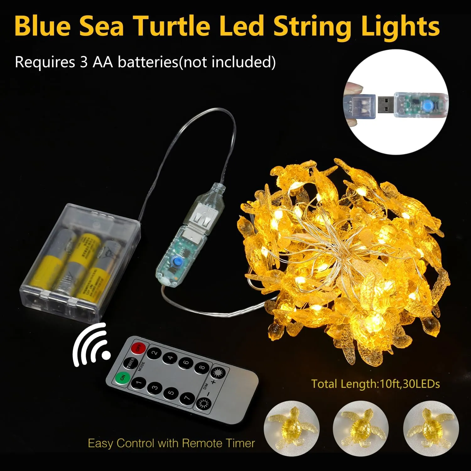 Sea Turtle Fairy Lights Ocean Theme String Lights Indoor-Cute Beach Lights USB plug in & Battery Operated 10ft 30 LEDs with Remote Control- Decorative Lights for Christmas Tree Bedroom Camping