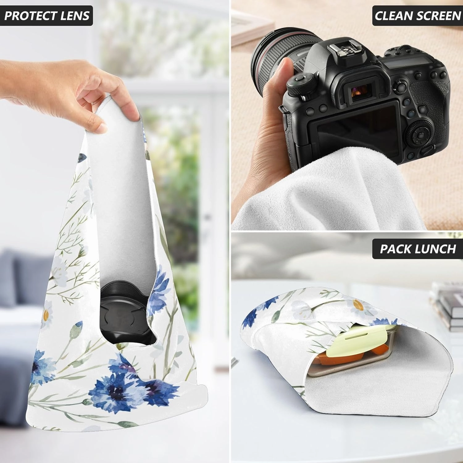 Self-Adhesive Magic Cloth Makeup Bag 21.7 Inch Protective Camera Lens Wrap Multifunctional Magic Storage Cloth Blue and White Daisy