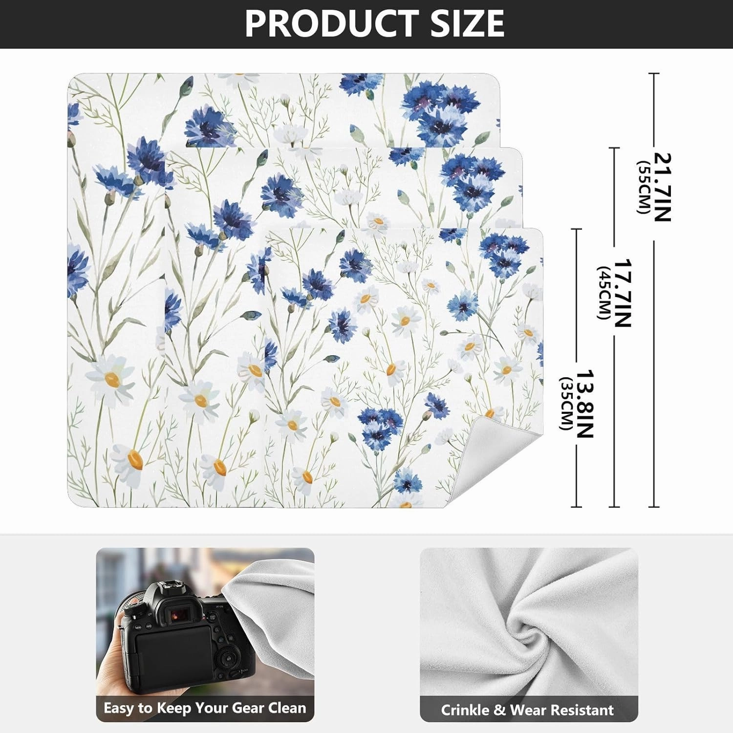 Self-Adhesive Magic Cloth Makeup Bag 21.7 Inch Protective Camera Lens Wrap Multifunctional Magic Storage Cloth Blue and White Daisy