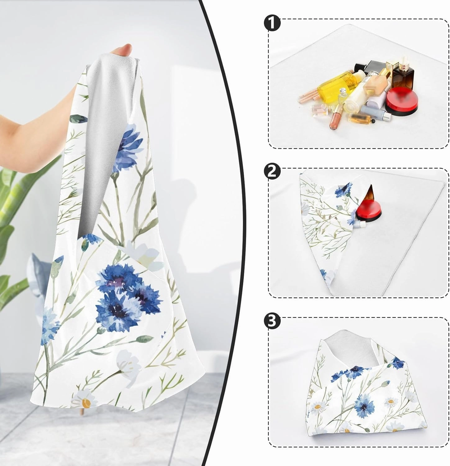 Self-Adhesive Magic Cloth Makeup Bag 21.7 Inch Protective Camera Lens Wrap Multifunctional Magic Storage Cloth Blue and White Daisy