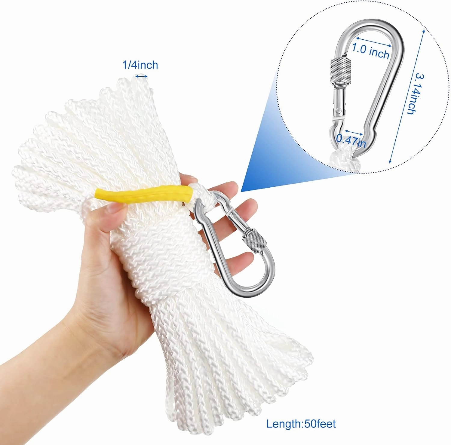 Shappy 15 M/50 Ft Hollow Braided Polypropylene Rope Heaving Line with Spring Hook for Ring Buoy Bracket Pool Life Preserver Ring Rope (White)