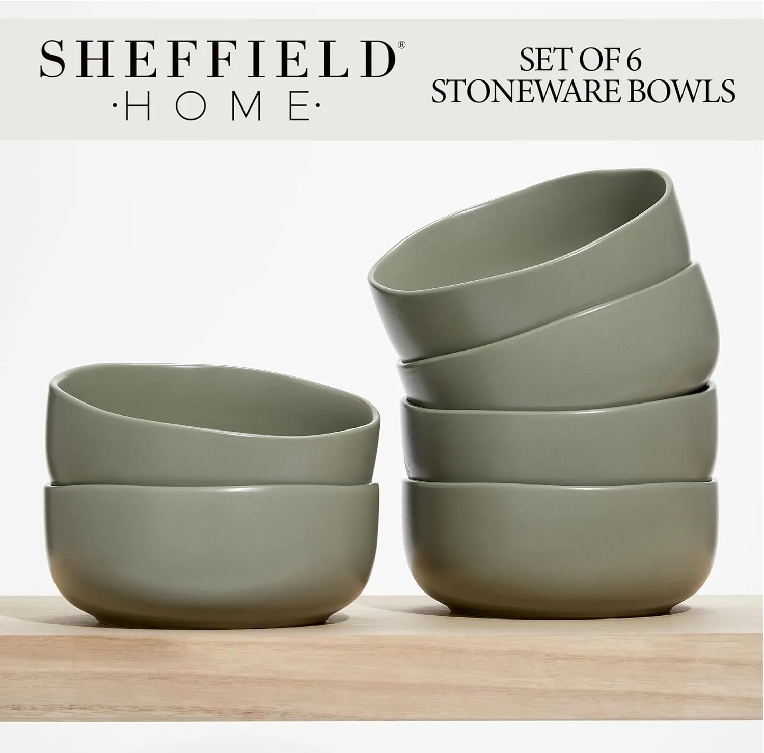 Sheffield Home Large Stoneware Cereal Bowls - Set of 6, 28oz Capacity - Dishwasher & Microwave Safe - 6" Diameter, Stylish & Functional for Everyday Use – Sage