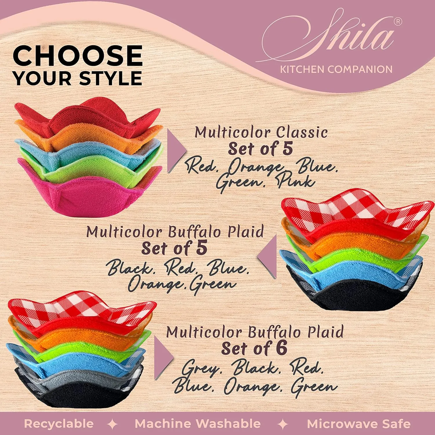 SHILA Bowl Huggers, Multicolor Set of 6, 8 oz Microwave Safe & Dishwasher Safe Silicone Bowl Cozies for Hot Pasta, Soup, Rice & Pasta Bowls