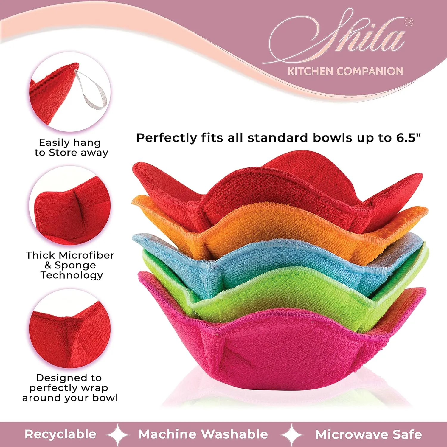 SHILA Bowl Huggers, Multicolor Set of 6, 8 oz Microwave Safe & Dishwasher Safe Silicone Bowl Cozies for Hot Pasta, Soup, Rice & Pasta Bowls