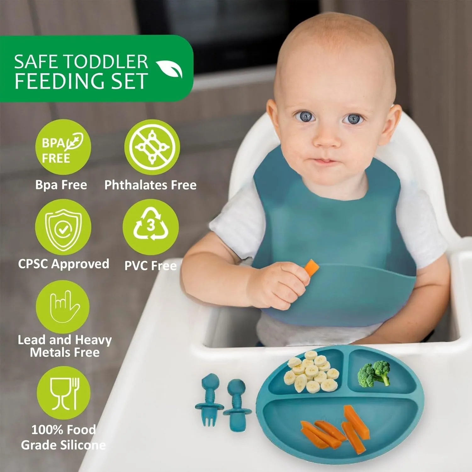 Silicone Plates and Bowls Set - Toddler Feeding Supplies, Baby Utensils, Gyro Bowls (Dark Blue)