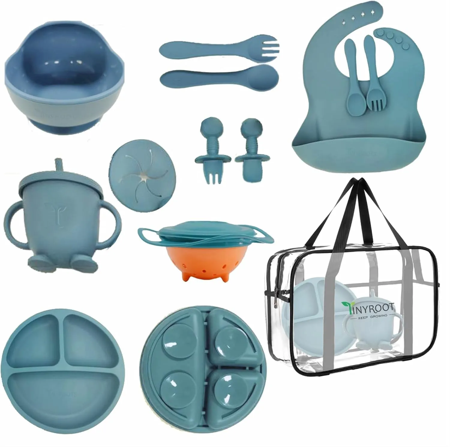 Silicone Plates and Bowls Set - Toddler Feeding Supplies, Baby Utensils, Gyro Bowls (Dark Blue)