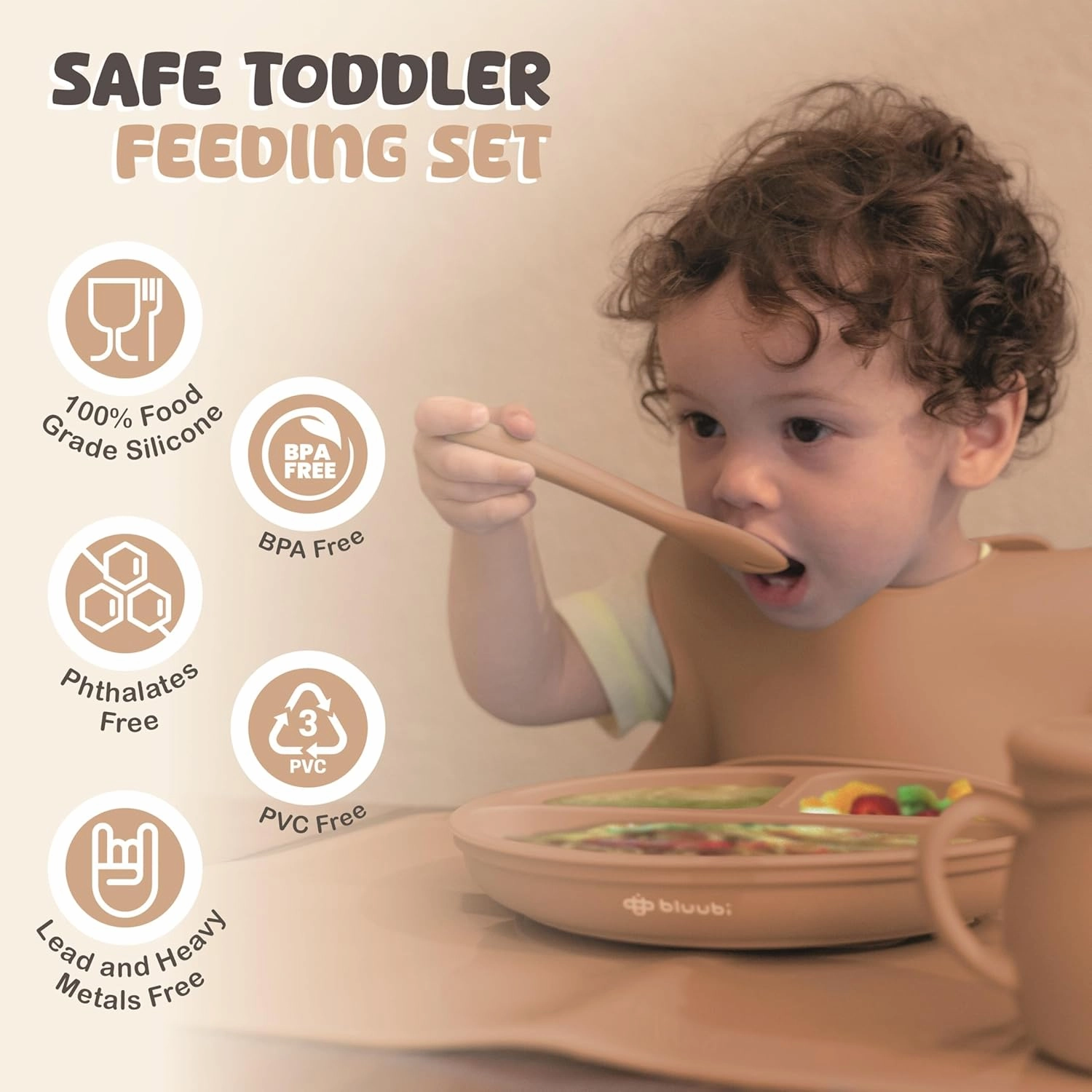 Silicone Baby Feeding Set - Infant Tableware for First Foods & Baby, Led Weaning (0  Months), Easy to Clean, Durable, Perfect for Baby Boy or Girl, Solid Feeding - Ocre - Deluxe
