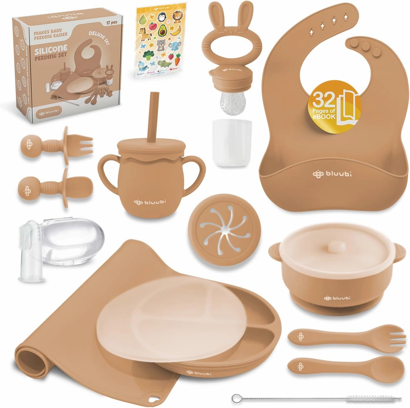Silicone Baby Feeding Set - Infant Tableware for First Foods & Baby, Led Weaning (0  Months), Easy to Clean, Durable, Perfect for Baby Boy or Girl, Solid Feeding - Ocre - Deluxe