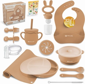 Silicone Baby Feeding Set - Infant Tableware for First Foods & Baby, Led Weaning (0  Months), Easy to Clean, Durable, Perfect for Baby Boy or Girl, Solid Feeding - Ocre - Deluxe