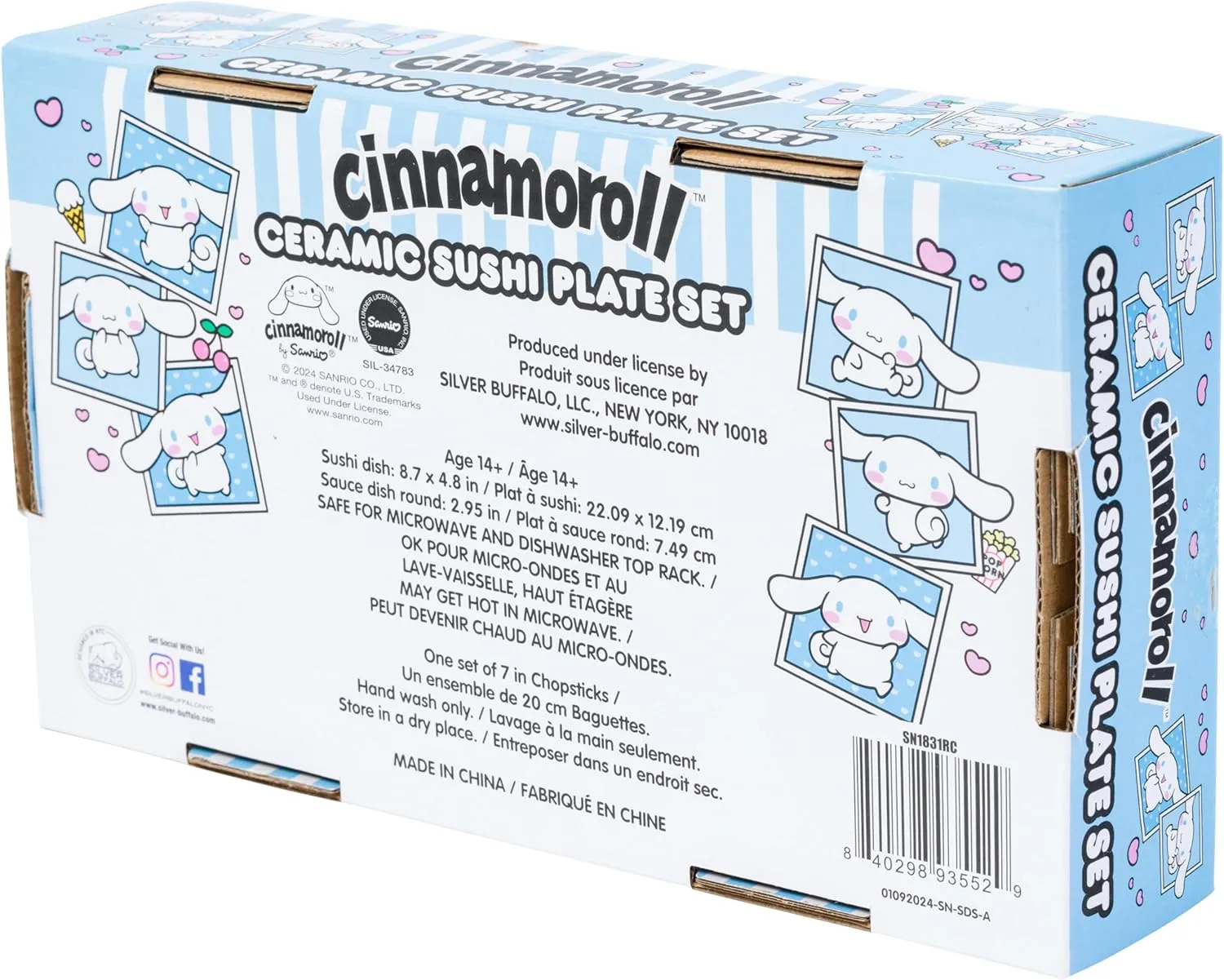 Silver Buffalo Sanrio Hello Kitty and Friends Cinnamoroll Polaroids Blue and White Stripes Ceramic Sushi Set with Dipping Sauce Dish and Matching Chopsticks