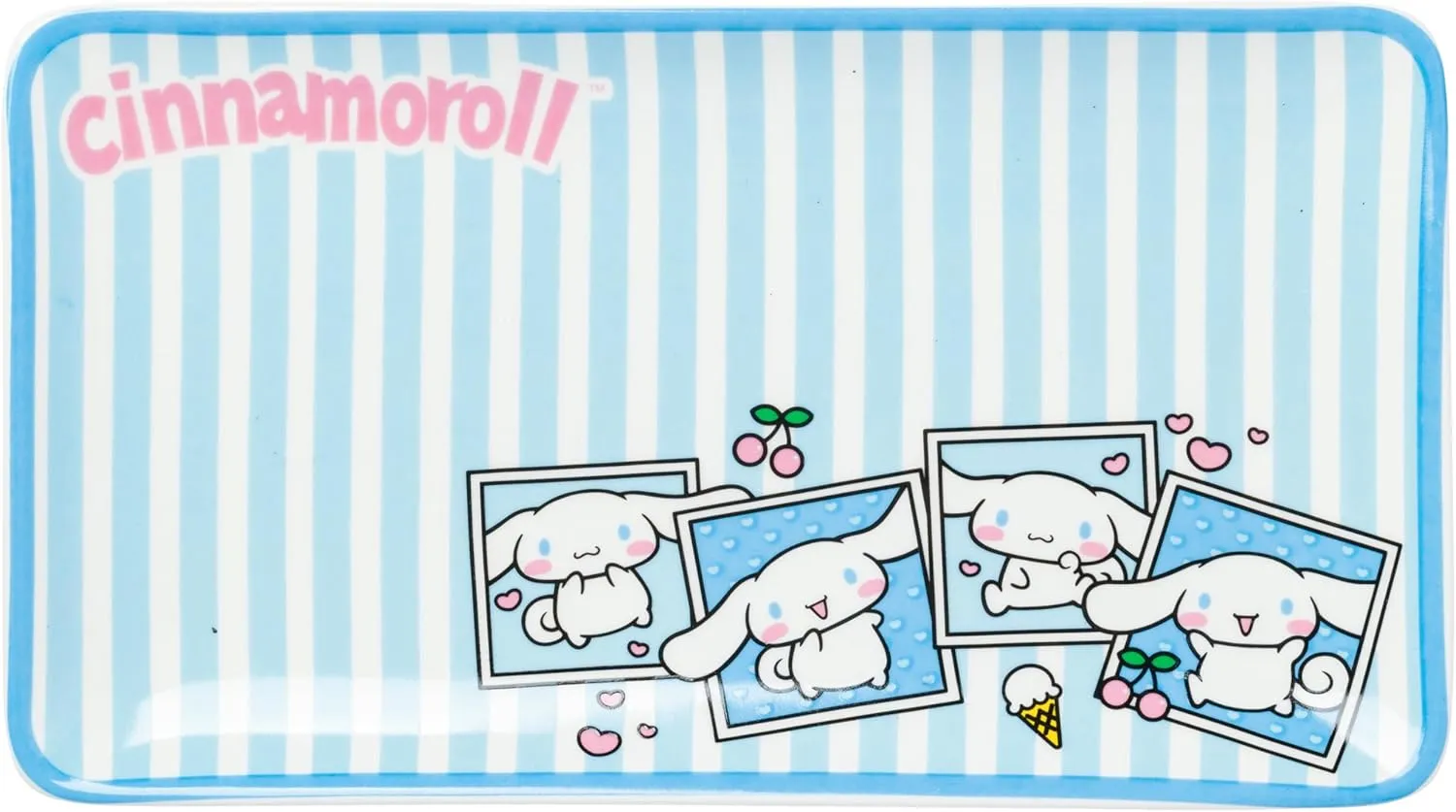 Silver Buffalo Sanrio Hello Kitty and Friends Cinnamoroll Polaroids Blue and White Stripes Ceramic Sushi Set with Dipping Sauce Dish and Matching Chopsticks