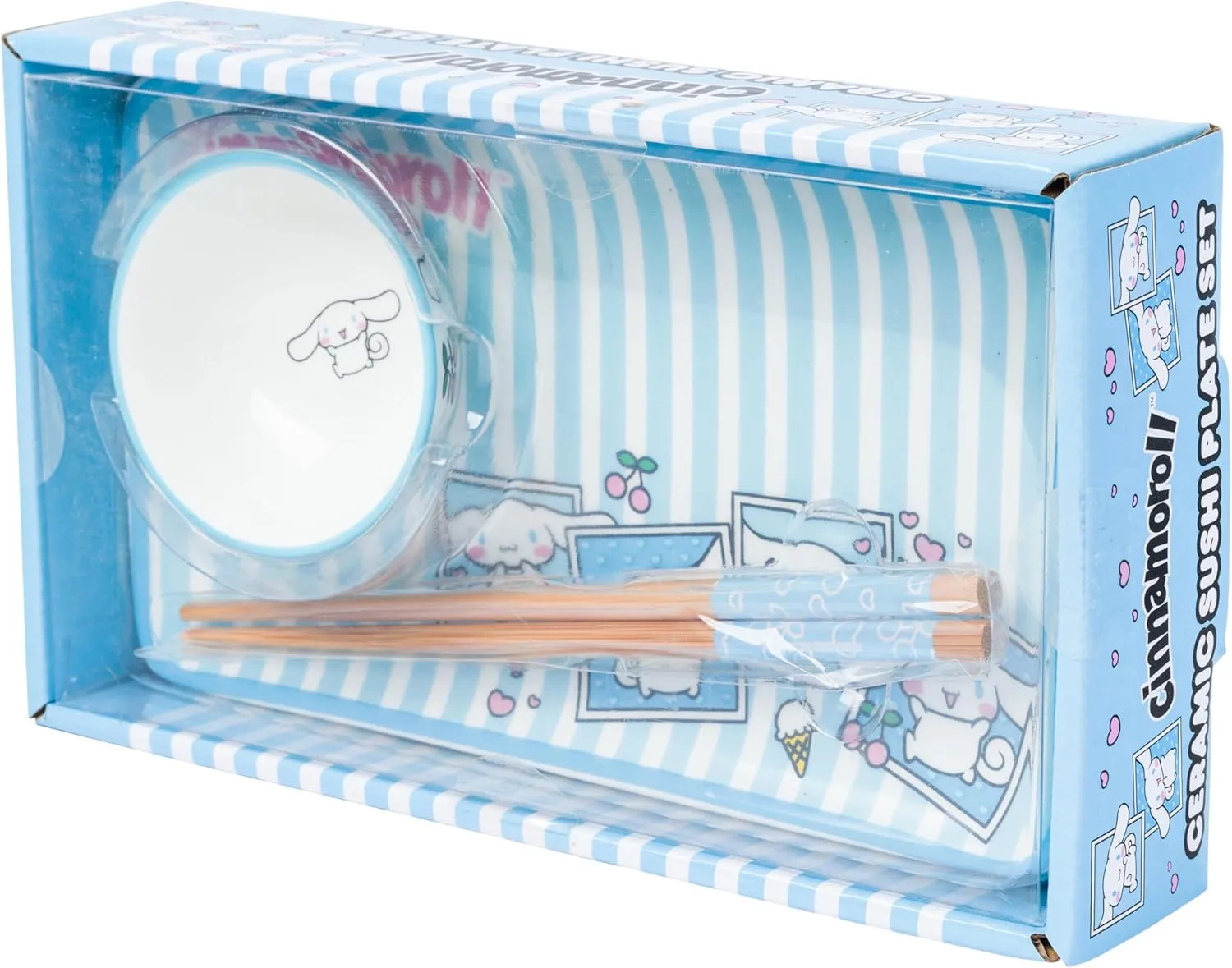 Silver Buffalo Sanrio Hello Kitty and Friends Cinnamoroll Polaroids Blue and White Stripes Ceramic Sushi Set with Dipping Sauce Dish and Matching Chopsticks