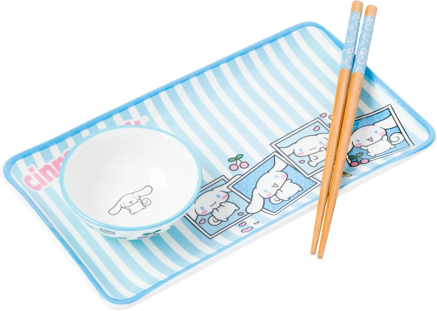 Silver Buffalo Sanrio Hello Kitty and Friends Cinnamoroll Polaroids Blue and White Stripes Ceramic Sushi Set with Dipping Sauce Dish and Matching Chopsticks