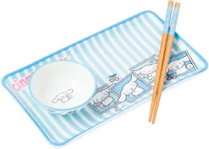 Silver Buffalo Sanrio Hello Kitty and Friends Cinnamoroll Polaroids Blue and White Stripes Ceramic Sushi Set with Dipping Sauce Dish and Matching Chopsticks