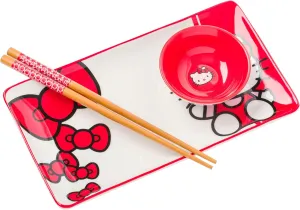Silver Buffalo Sanrio Hello Kitty Red and White Bow Ceramic Sushi Set with Dipping Sauce Dish and Matching Chopsticks