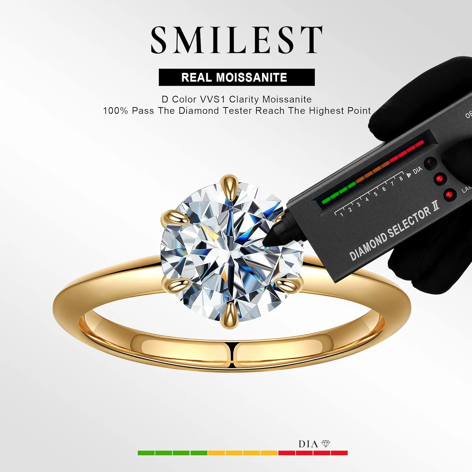 SMILEST 2ct Moissanite Rings for Women, Round D Color VVS1 Clarity Lab Created Moissanite Ring 18K White Yellow Rose Gold Vermeil 6 Claw Knife Edge Solitaire Moissanite Engagement Rings for Women