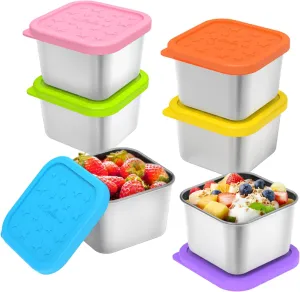 SOPHICO Stainless Steel Snack Containers for Kids, 6 oz Leak Proof Small Food Storage Container with Silicone Lid, 304 Metal Toddler Lunch Box for Daycare, School and Travel (6 Pack)