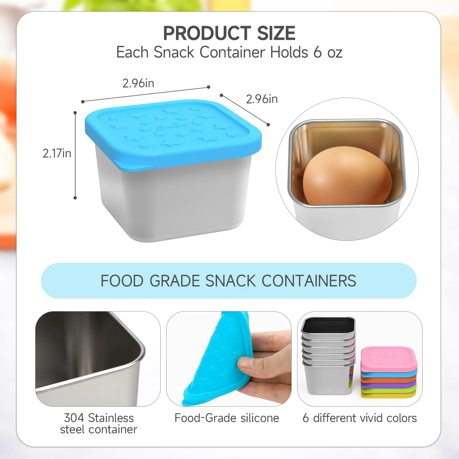 SOPHICO Stainless Steel Snack Containers for Kids, 6 oz Leak Proof Small Food Storage Container with Silicone Lid, 304 Metal Toddler Lunch Box for Daycare, School and Travel (6 Pack)
