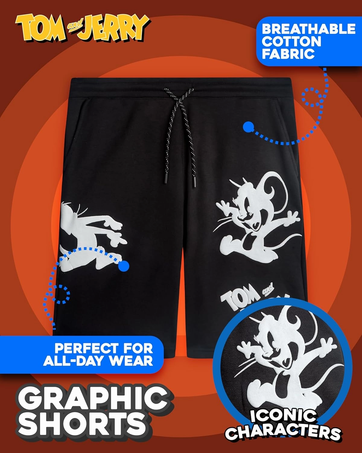 Southpole Tom and Jerry Mens Athletic Shorts - Lightweight Cotton Active Summer Pull-On Graphic Shorts for Men (Sizes: S-XL)