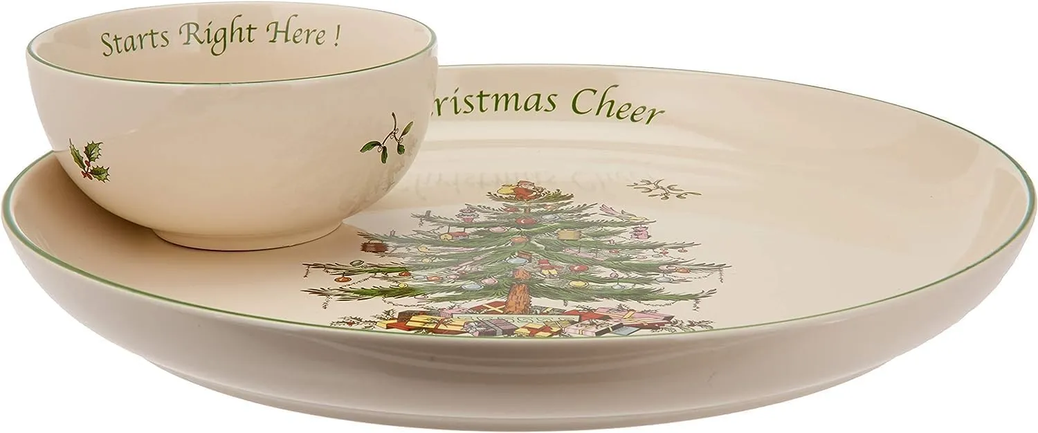 Spode Christmas Tree Chip and Dip Set, 12.5” Serving Platter with Bowl, Holiday Serveware for Appetizers, Fruit, Candy Side Dishes, Festive Treats, Dishwasher Safe