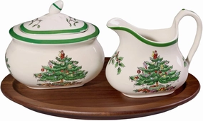 Spode Christmas Tree Sugar & Creamer Set (3-Piece) - Porcelain 16oz Sugar, 8oz Creamer Container, Wood Tray - Festive Holiday Tea & Coffee Serving Set - Dishwasher Safe Tableware for Gifting