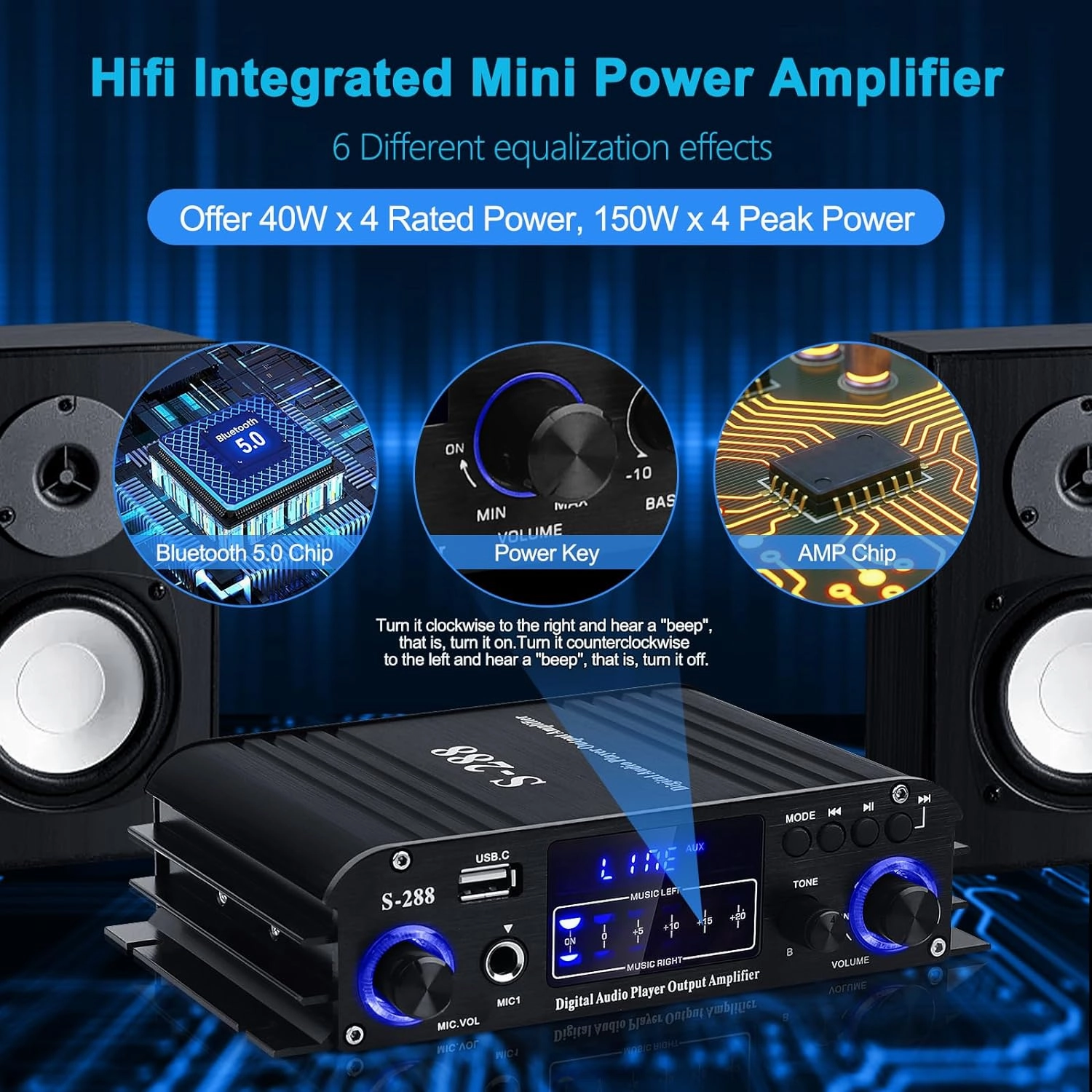 Stereo Audio Amplifier for Home Speakers S-288 Bluetooth 5.0 HiFi Mini Audio Component Amplifiers Receiver 4.0CH RMS 40Wx4 Max. 600W Integrated Power Amp W/USB,FM,Adapter