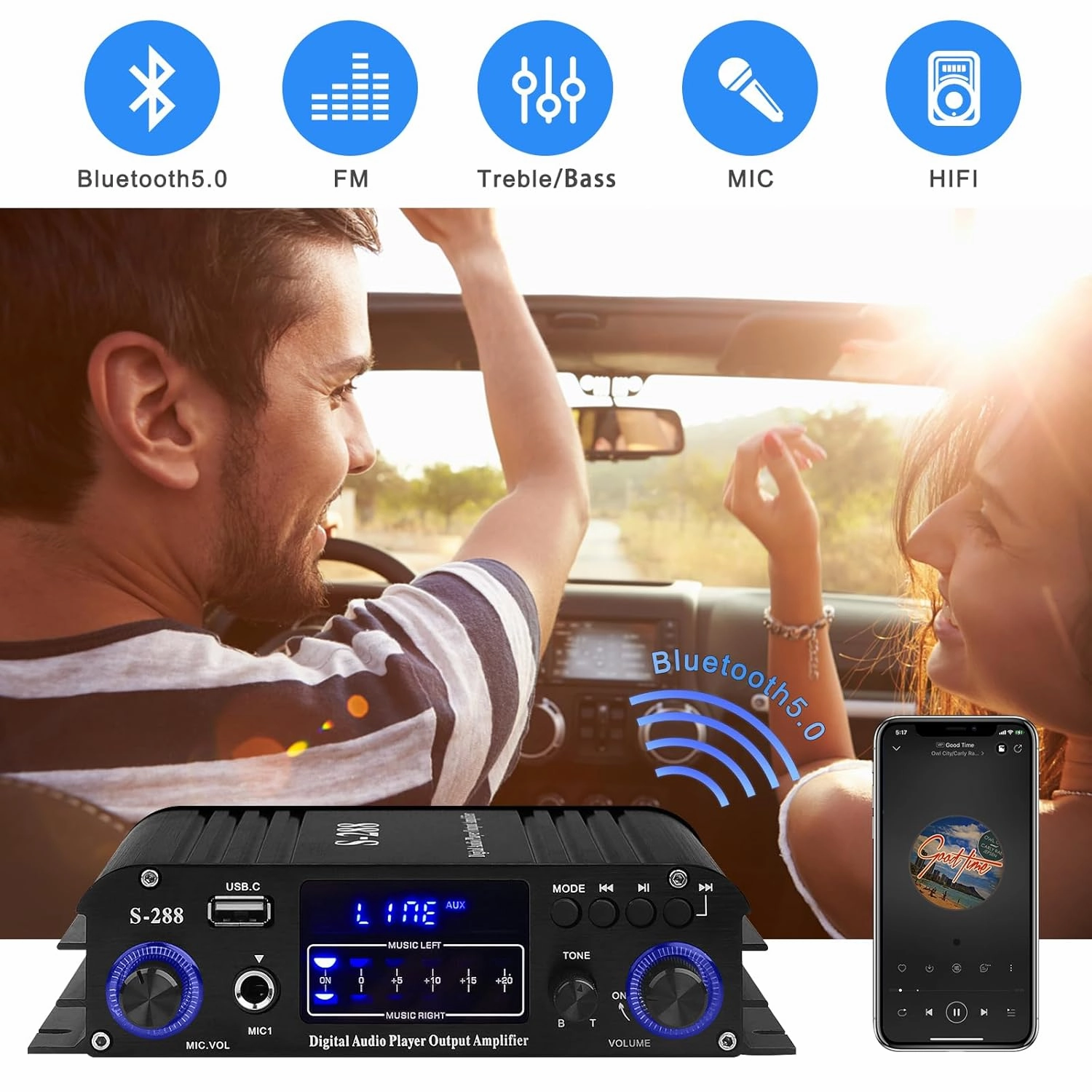 Stereo Audio Amplifier for Home Speakers S-288 Bluetooth 5.0 HiFi Mini Audio Component Amplifiers Receiver 4.0CH RMS 40Wx4 Max. 600W Integrated Power Amp W/USB,FM,Adapter