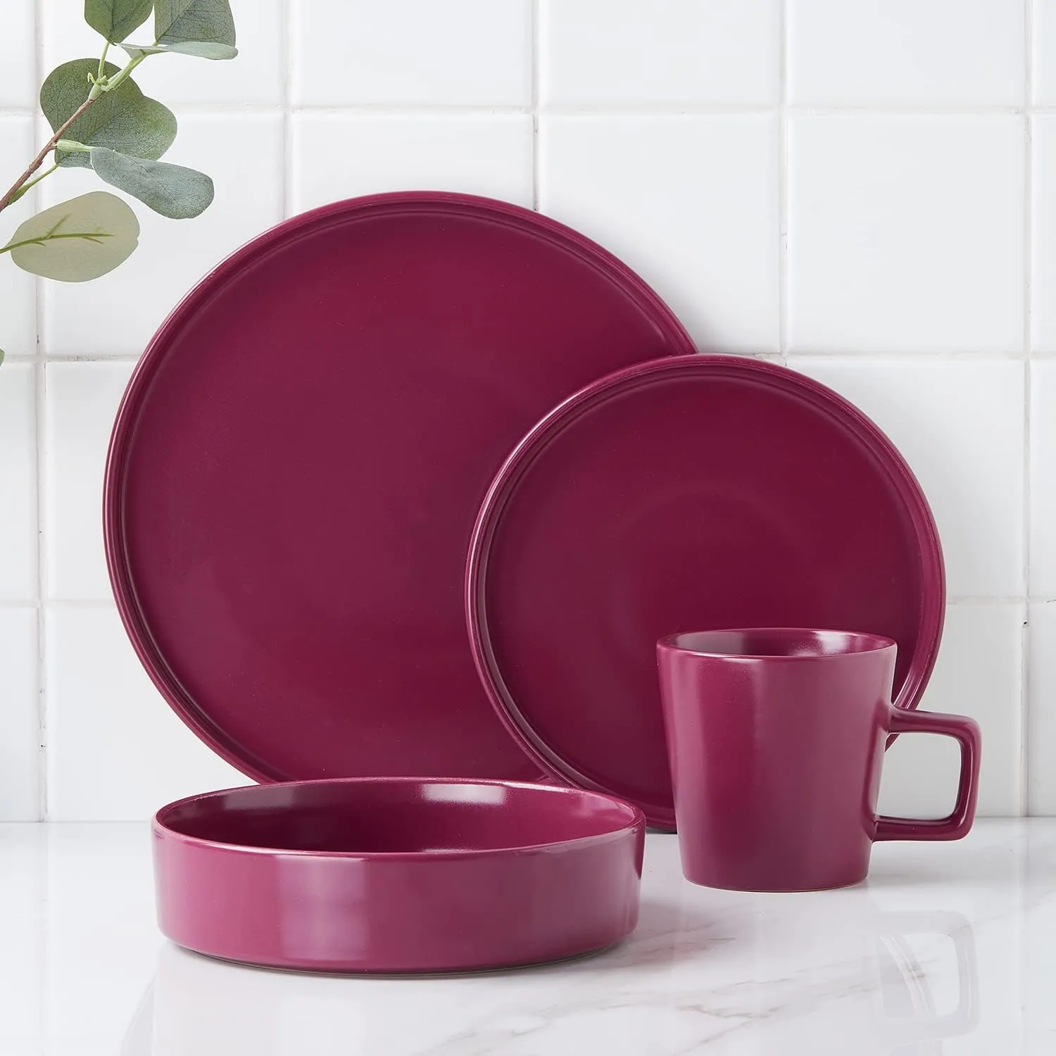 Stone Lain Cleo Modern Stoneware 16-Piece Dinnerware Set, Plates and Bowls Set, Dish Set Service For 4, Magenta