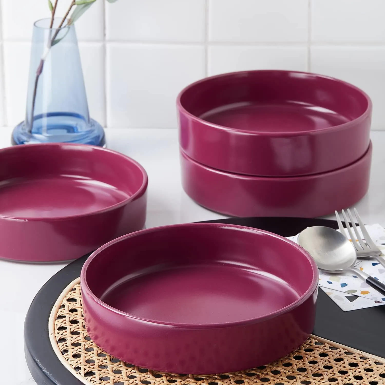 Stone Lain Cleo Modern Stoneware 16-Piece Dinnerware Set, Plates and Bowls Set, Dish Set Service For 4, Magenta