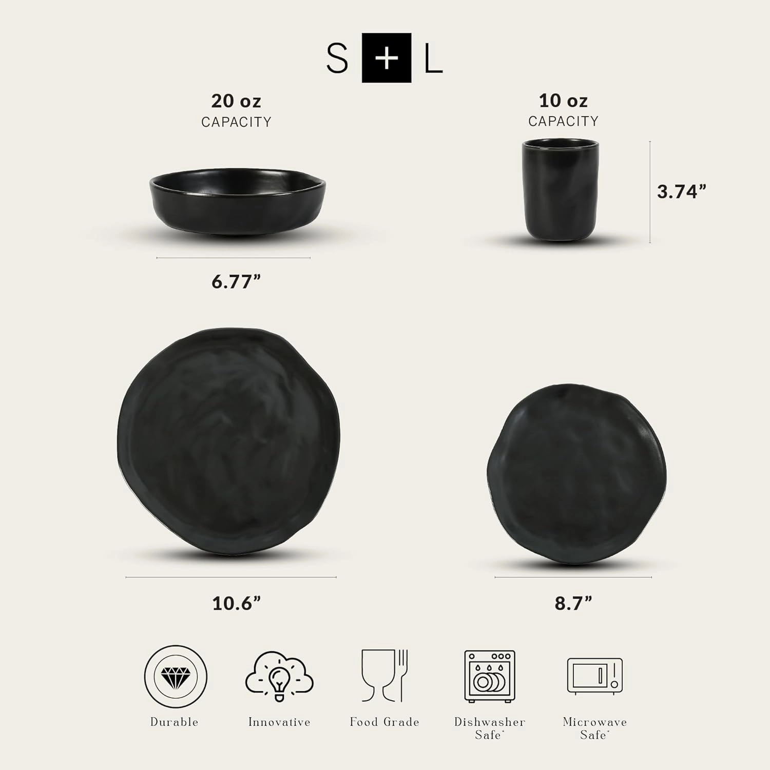 Stone by Mercer Project HEKONDA Modern Stoneware 32-Piece Dinnerware Set, Plate and Bowl Set, Dish Set for 8, Black