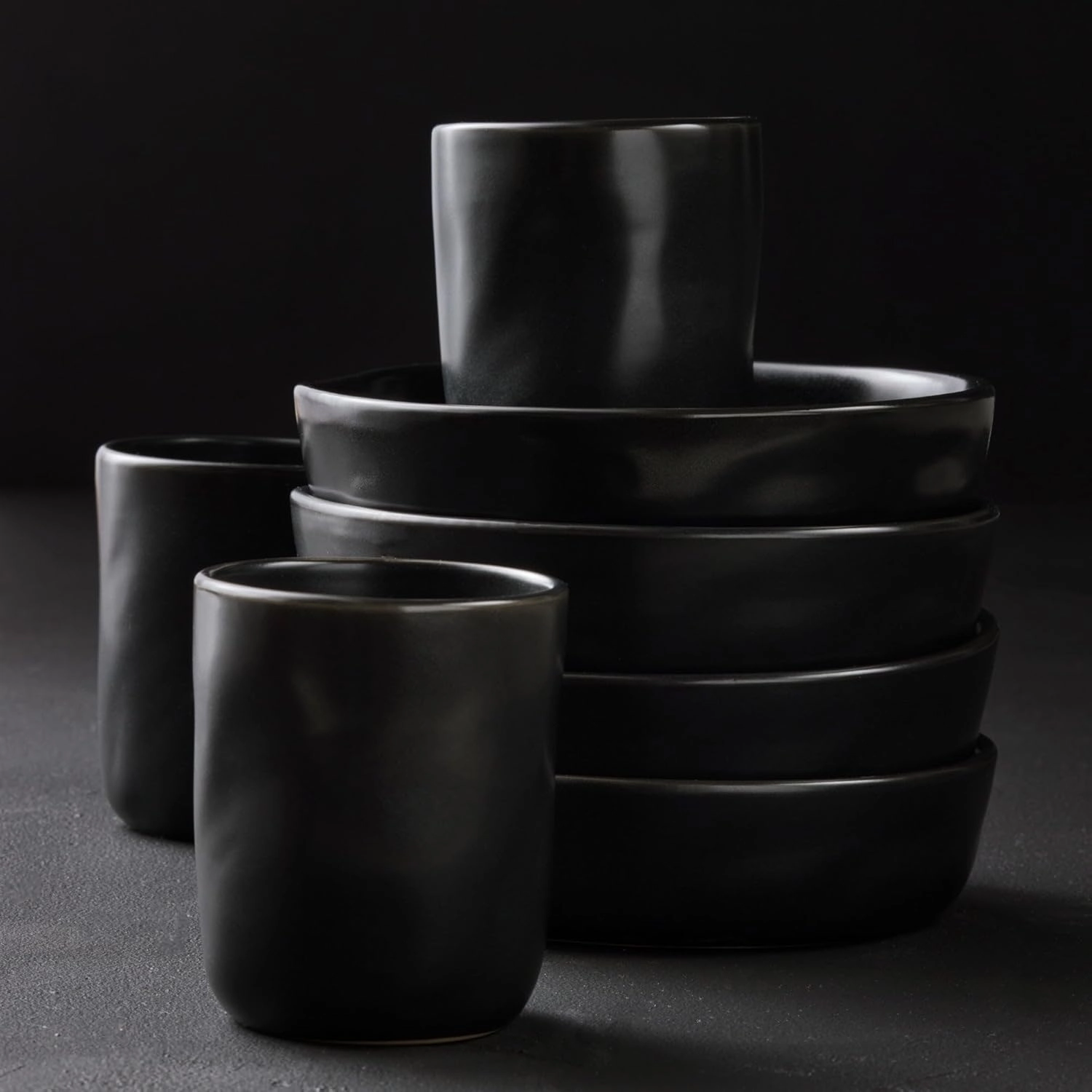 Stone by Mercer Project HEKONDA Modern Stoneware 32-Piece Dinnerware Set, Plate and Bowl Set, Dish Set for 8, Black
