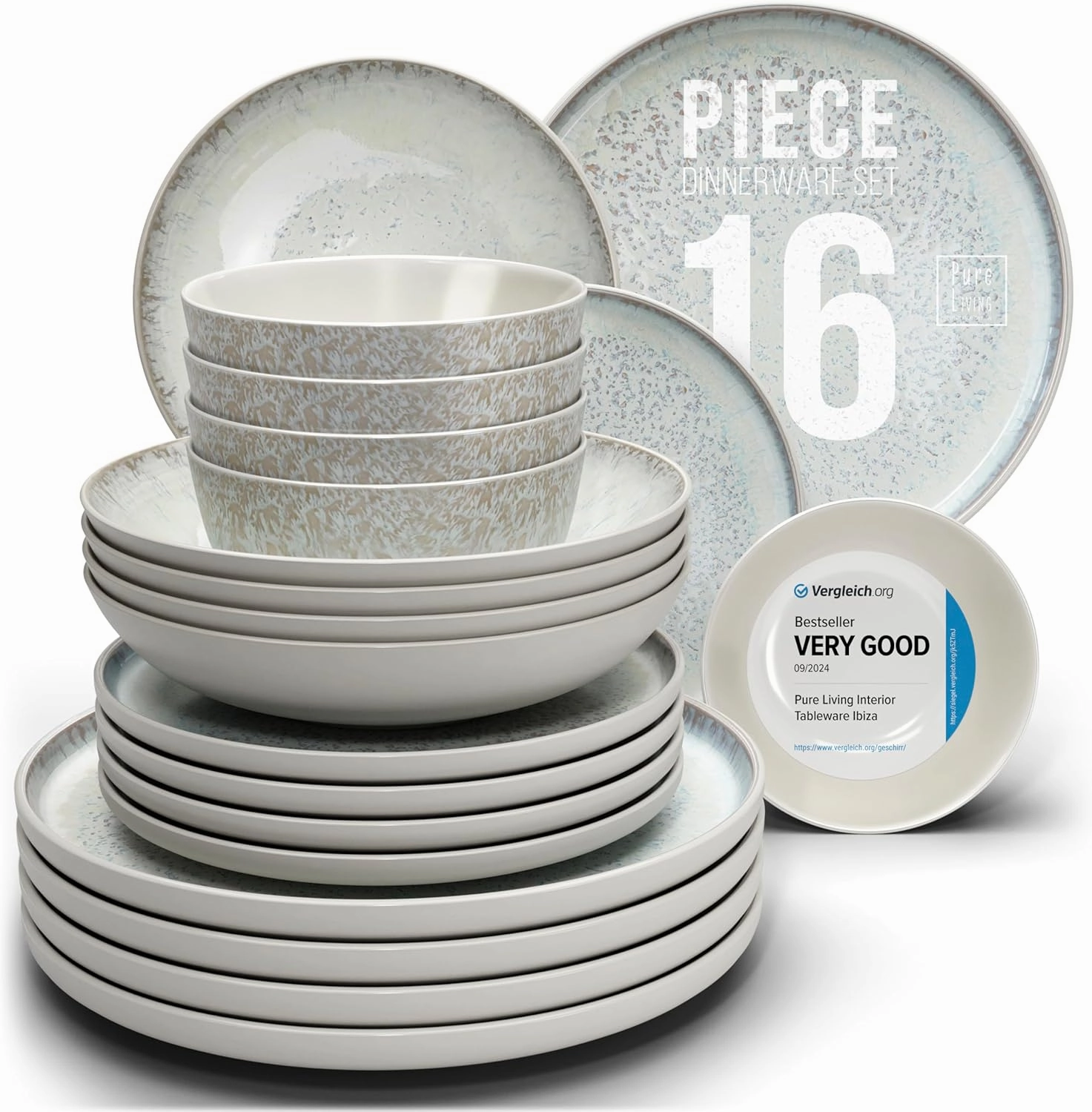 Stoneware dinnerware set 4 persons 16 pcs - Mediterranean dinnerware set, dishwasher, microwave and scratch resistant - bowl and plate set - dinnerware Pure Living Light Beige…