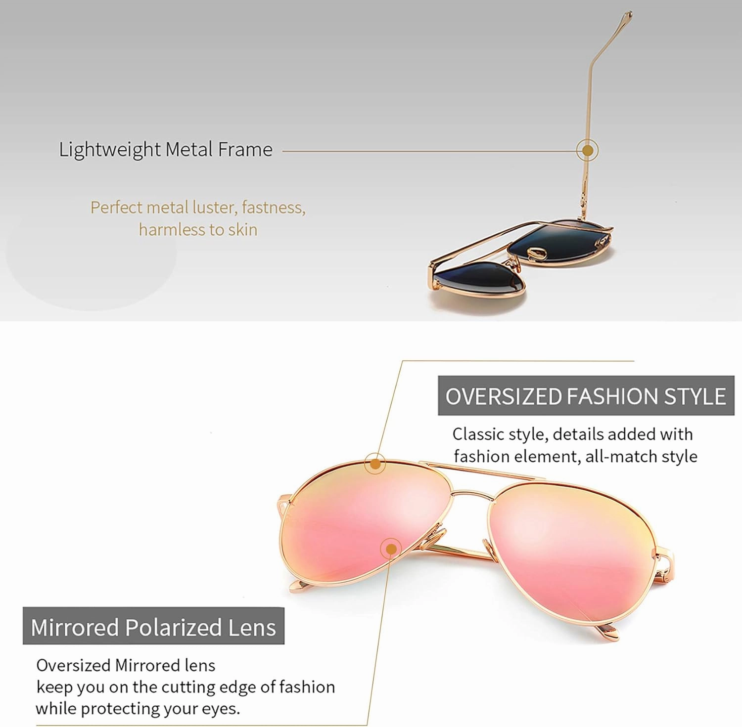 SUNGAIT Women's Lightweight Oversized Aviator Sunglasses - Mirrored Polarized Lens