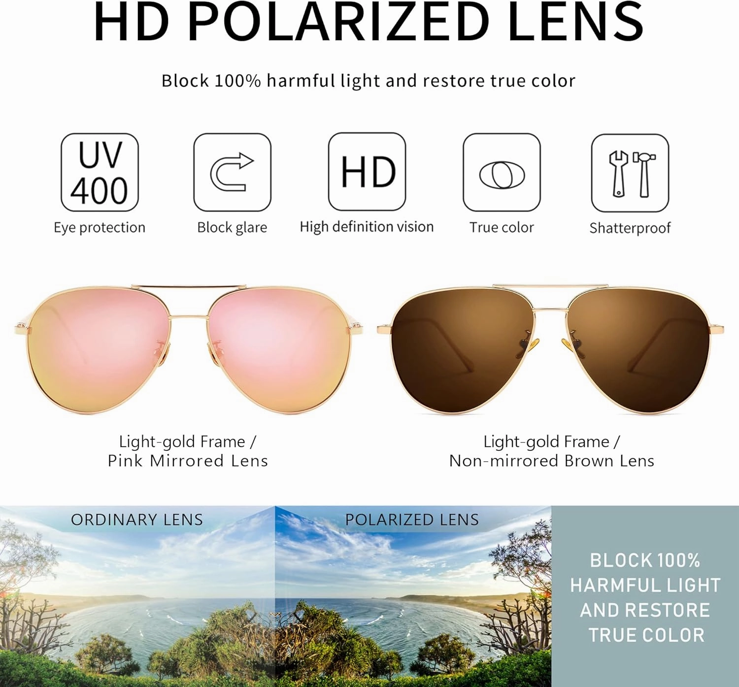 SUNGAIT Women's Lightweight Oversized Aviator Sunglasses - Mirrored Polarized Lens