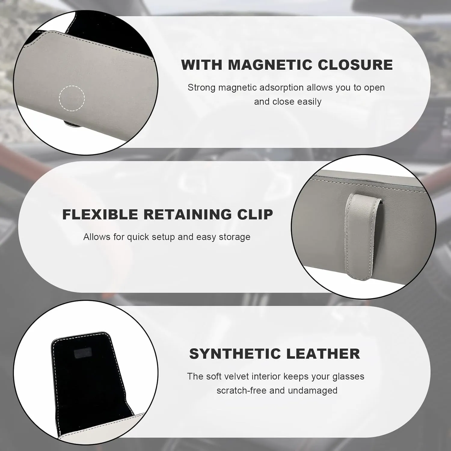 Sunglass Holder for Car Visor, Magnetic Leather Visor Eyeglasses Storage Case, Sun Visor Glasses Holder Protective Storage Box, Automotive Glasses Organizer for Men Women (Gray)