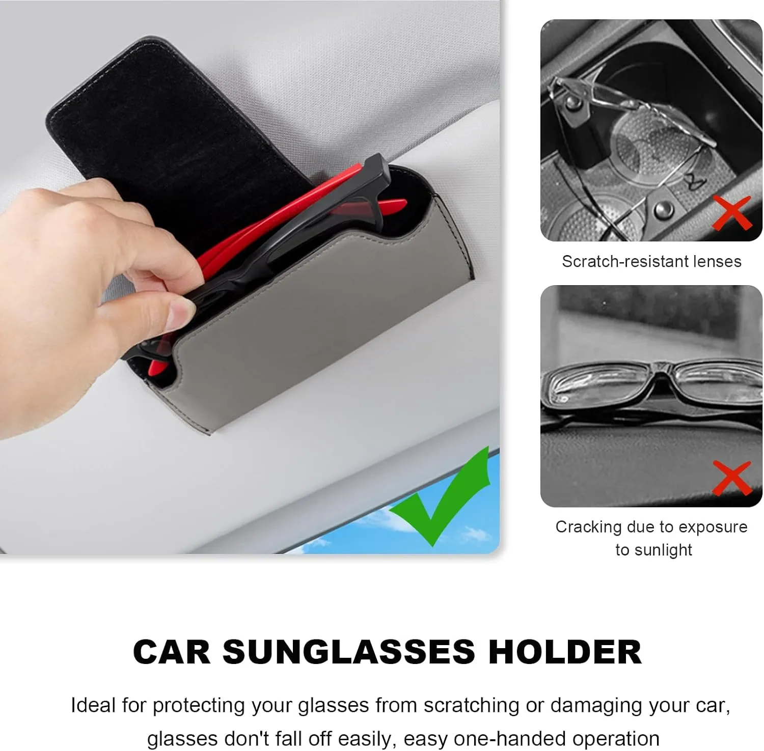 Sunglass Holder for Car Visor, Magnetic Leather Visor Eyeglasses Storage Case, Sun Visor Glasses Holder Protective Storage Box, Automotive Glasses Organizer for Men Women (Gray)