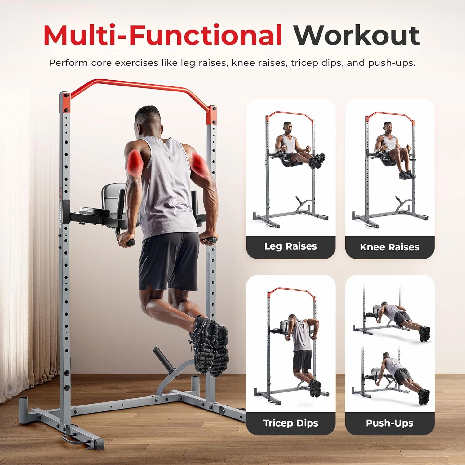 Sunny Health & Fitness Power Cage Squat Rack Upgrade Attachments, Dip Bar, Plate Bar Holder, Belt Squat, J Hook, Lat, Adapter, U Ring, Pull Up Bar, Landmine, Captain's Chair, Tricep Rope For Home Gym